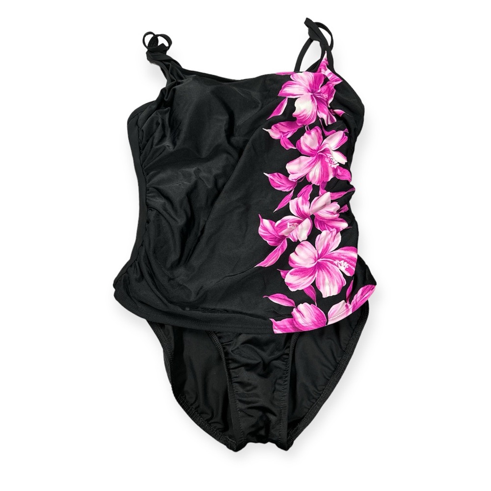NWOT Miraclesuit Womens Black Fauxkini Floral One Piece Shaping Swimsuit Size 10